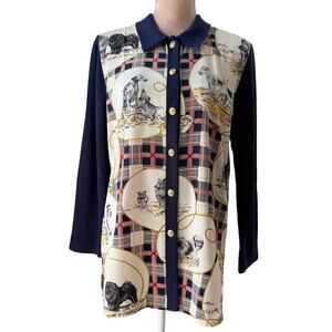 Rare VTG Whimsy Novelty Dog Print Plaid Teacher Button Up Blouse Equestrian S/M